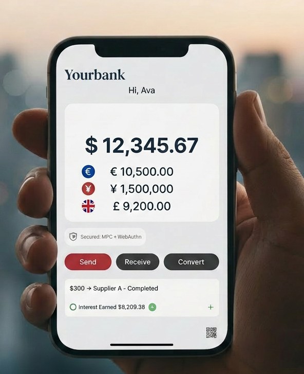 A customer holding a phone showing a bank-branded BitVoy account with balances in several currencies