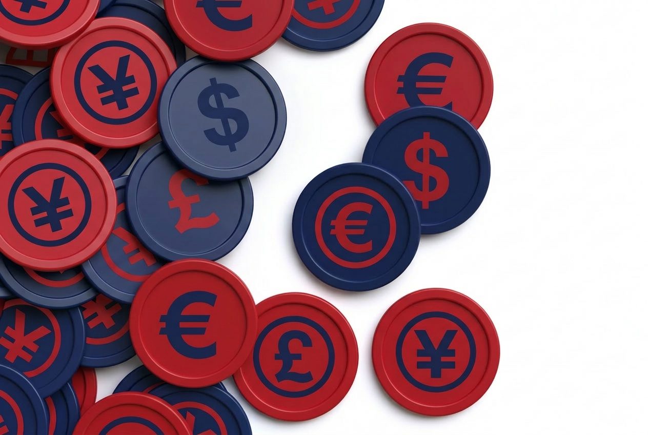 Coins marked with yen, dollar, euro and pound symbols